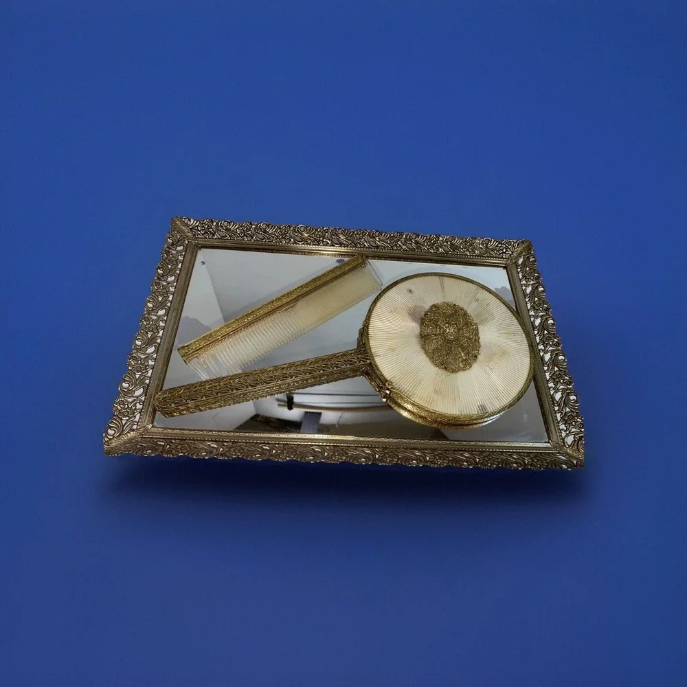 Apollo Ormolu‎ Vanity Set of 4 Hollywood Regency Filigree Mirrors Comb Brush Vtg